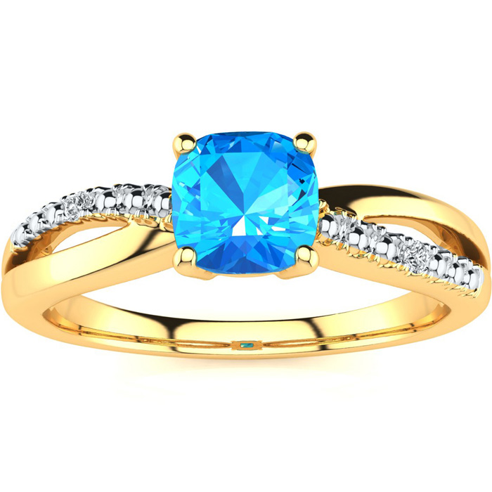 3/4 Carat Cushion Cut Blue Topaz & 2 Diamond Ring in Yellow Gold (2.50 g), , Size 4 by SuperJeweler