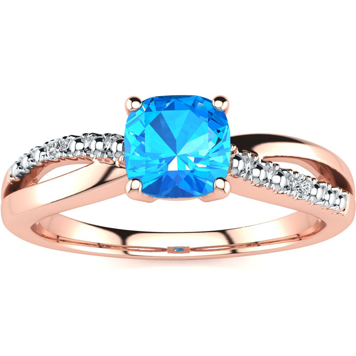 3/4 Carat Cushion Cut Blue Topaz & 2 Diamond Ring in Rose Gold (2.50 g), , Size 4 by SuperJeweler