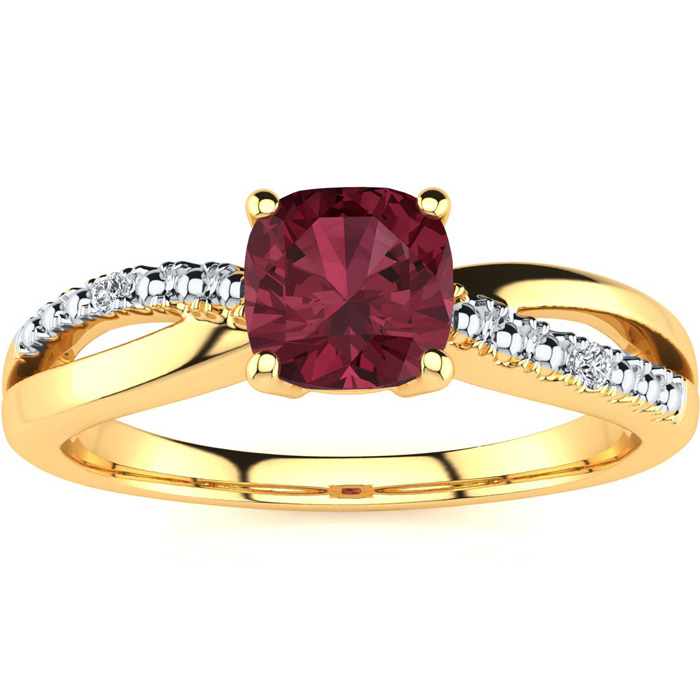 3/4 Carat Cushion Cut Garnet & 2 Diamond Ring in Yellow Gold (2.50 g), , Size 4 by SuperJeweler