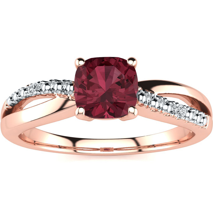 3/4 Carat Cushion Cut Garnet & 2 Diamond Ring in Rose Gold (2.50 g), , Size 4 by SuperJeweler