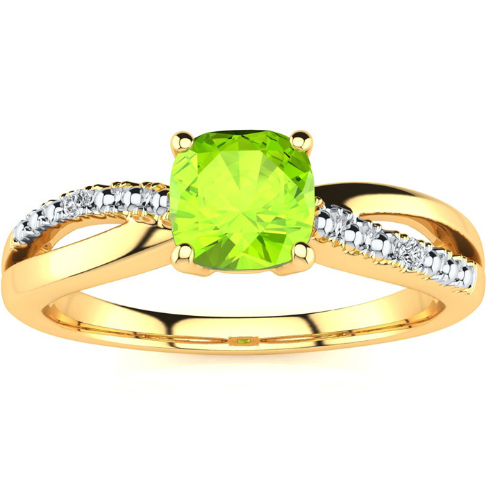 3/4 Carat Cushion Cut Peridot & 2 Diamond Ring in Yellow Gold (2.50 g), , Size 4 by SuperJeweler