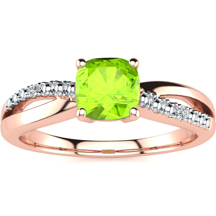 3/4 Carat Cushion Cut Peridot & 2 Diamond Ring in Rose Gold (2.50 g), , Size 4 by SuperJeweler