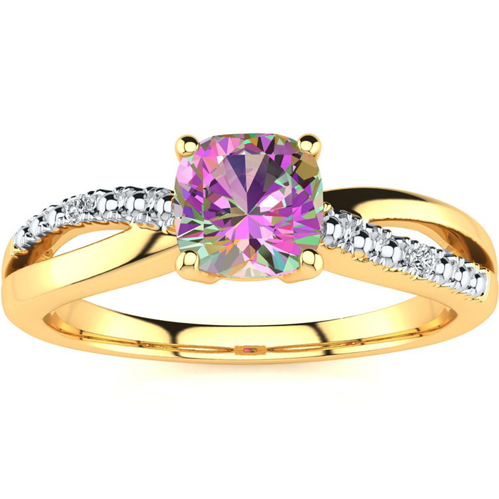 3/4 Carat Cushion Cut Mystic Topaz & 2 Diamond Ring in Yellow Gold (2.50 g), , Size 4 by SuperJeweler