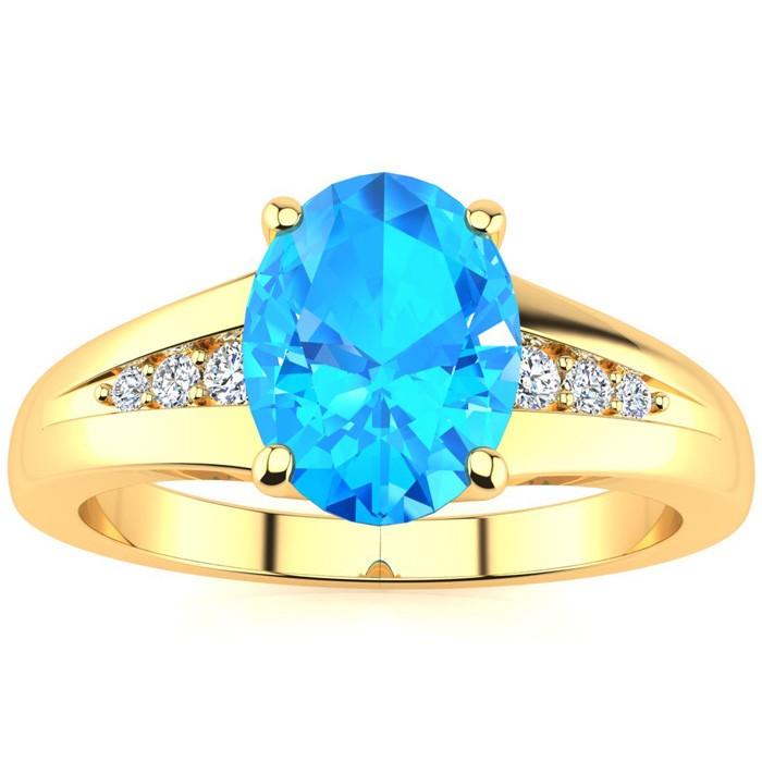 1.5 Carat Oval Shape Blue Topaz & 6 Diamond Ring in Yellow Gold (2 g), , Size 4 by SuperJeweler