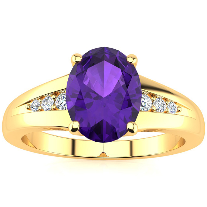 1 Carat Oval Shape Amethyst & 6 Diamond Ring in Yellow Gold (2 g), , Size 4 by SuperJeweler