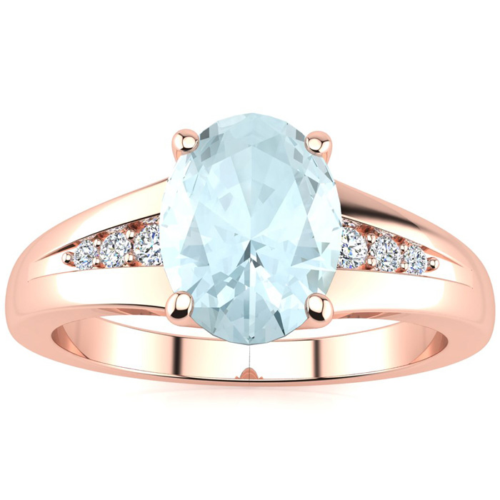 1 1/5 Carat Oval Shape Aquamarine & 6 Diamond Ring in Rose Gold (2 g), , Size 4 by SuperJeweler