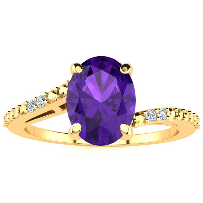 1 Carat Oval Shape Amethyst & 2 Diamond Ring in Yellow Gold (1.80 g), , Size 4 by SuperJeweler