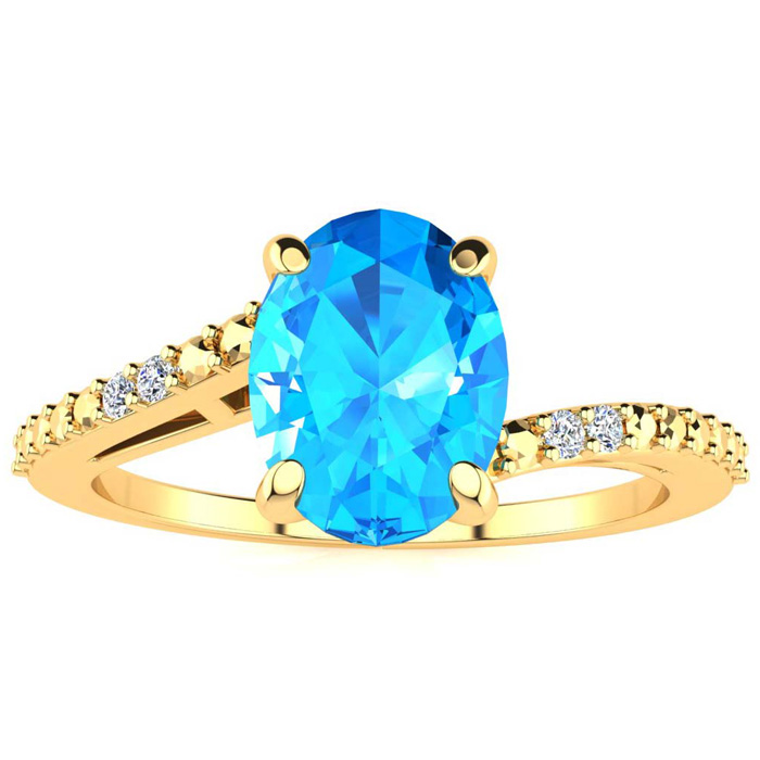 1.5 Carat Oval Shape Blue Topaz & 2 Diamond Ring in Yellow Gold (1.80 g), , Size 4 by SuperJeweler