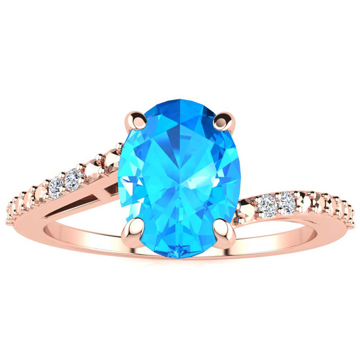 1.5 Carat Oval Shape Blue Topaz & 2 Diamond Ring in Rose Gold (1.80 g), , Size 4 by SuperJeweler