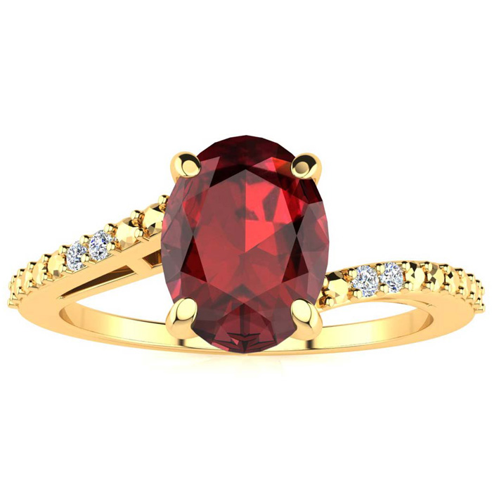 1.5 Carat Oval Shape Garnet & 2 Diamond Ring in Yellow Gold (1.80 g), , Size 4 by SuperJeweler