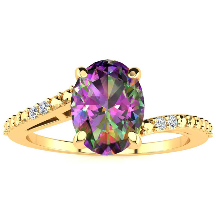 1 Carat Oval Shape Mystic Topaz & 2 Diamond Ring in Yellow Gold (1.80 g), , Size 4 by SuperJeweler