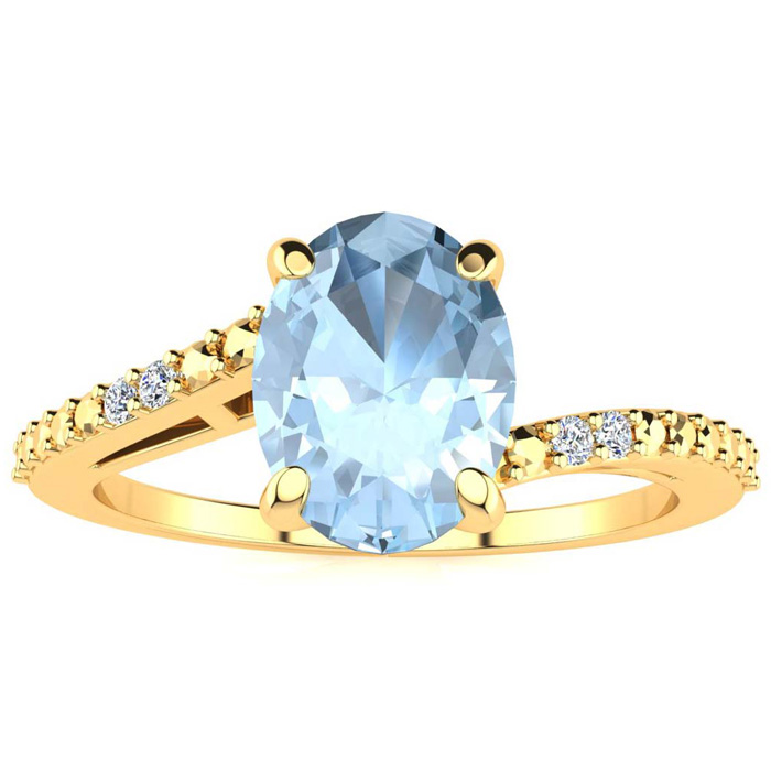 1 1/5 Carat Oval Shape Aquamarine & 2 Diamond Ring in Yellow Gold (1.80 g), , Size 4 by SuperJeweler