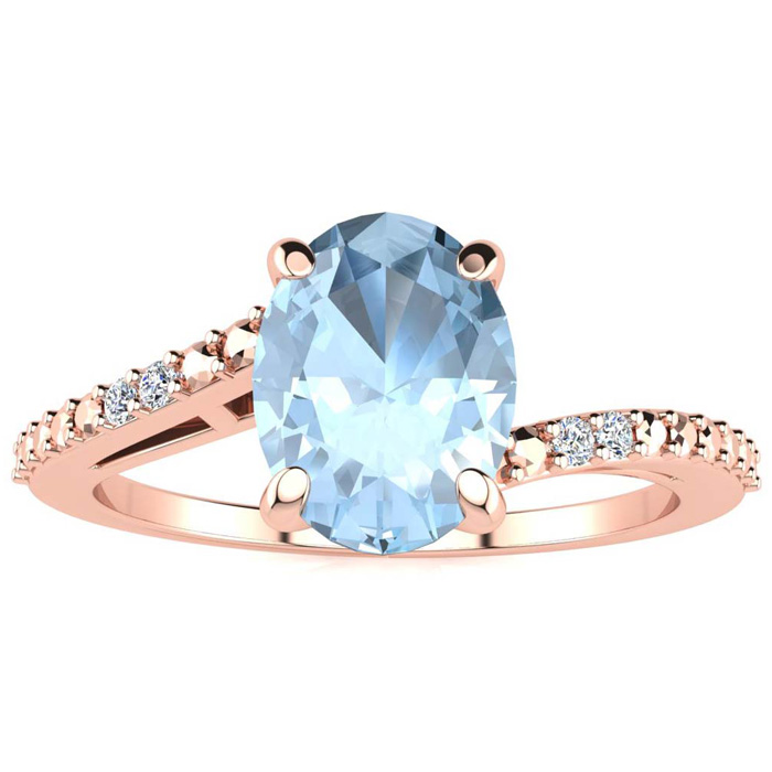 1 1/5 Carat Oval Shape Aquamarine & 2 Diamond Ring in Rose Gold (1.80 g), , Size 4 by SuperJeweler