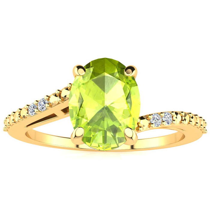 1 1/3 Carat Oval Shape Peridot & 2 Diamond Ring in Yellow Gold (1.80 g), , Size 4 by SuperJeweler