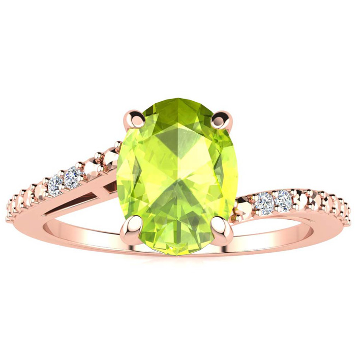 1 1/3 Carat Oval Shape Peridot & 2 Diamond Ring in Rose Gold (1.80 g), , Size 4 by SuperJeweler