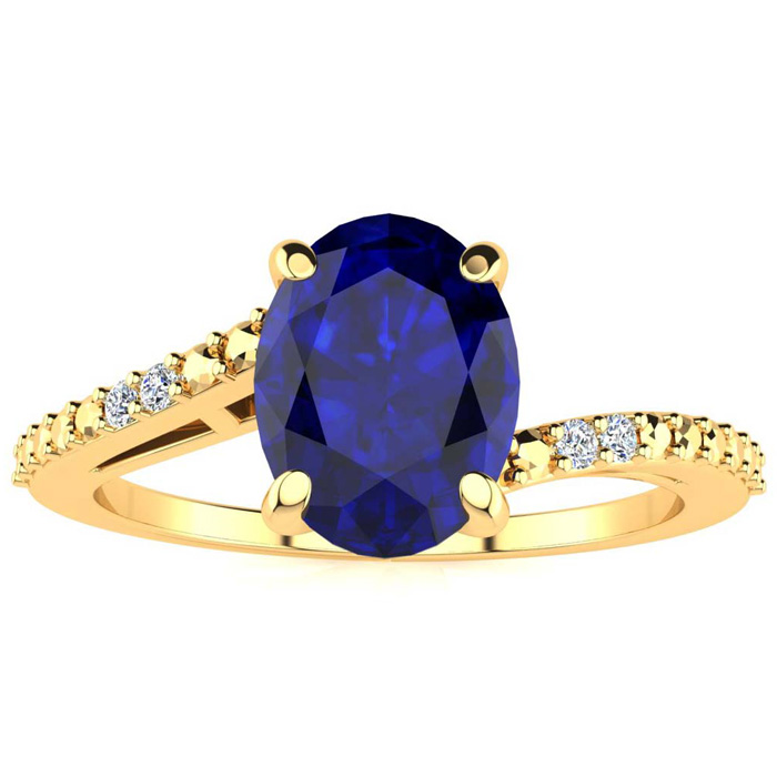 1.5 Carat Oval Shape Sapphire & 2 Diamond Ring in Yellow Gold (1.80 g), , Size 4 by SuperJeweler