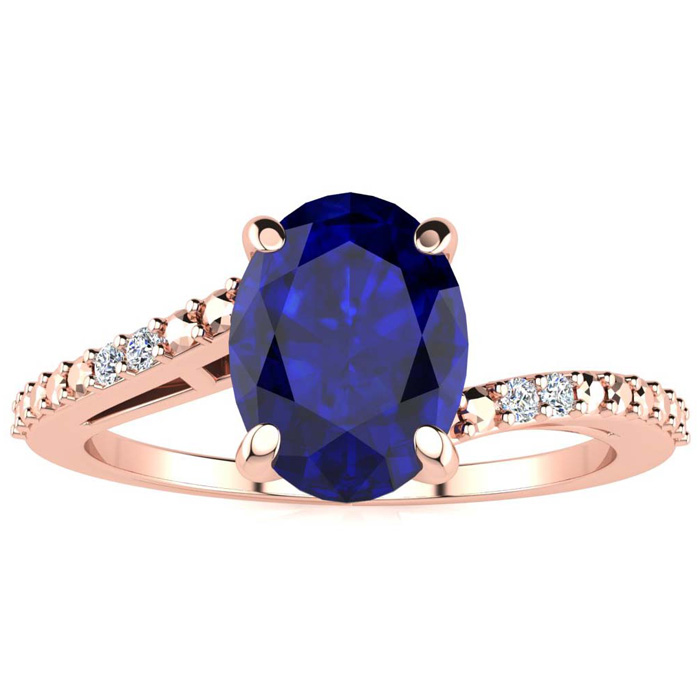 1.5 Carat Oval Shape Sapphire & 2 Diamond Ring in Rose Gold (1.80 g), , Size 4 by SuperJeweler