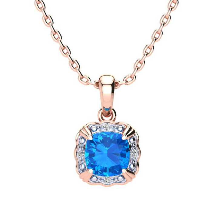 2.5 Carat Cushion Cut Blue Topaz & Diamond Necklace in Rose Gold (2.50 g), , 18 Inch Chain by SuperJeweler