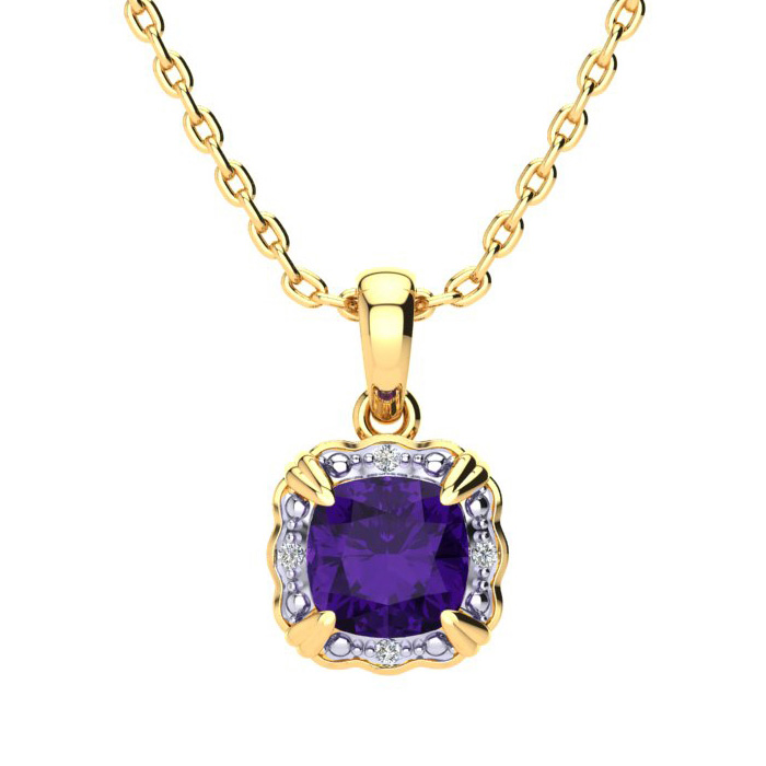 2.5 Carat Cushion Cut Amethyst & Diamond Necklace in Yellow Gold (2.50 g), , 18 Inch Chain by SuperJeweler