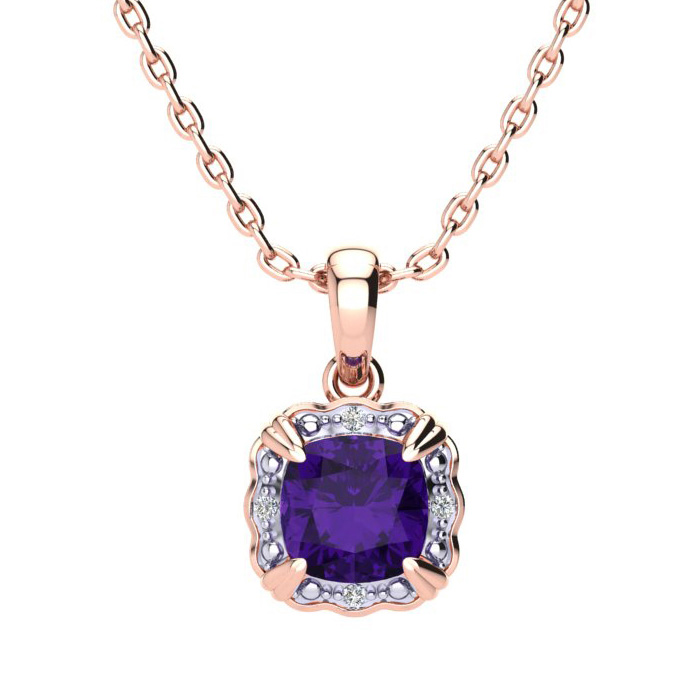 2.5 Carat Cushion Cut Amethyst & Diamond Necklace in Rose Gold (2.50 g), , 18 Inch Chain by SuperJeweler