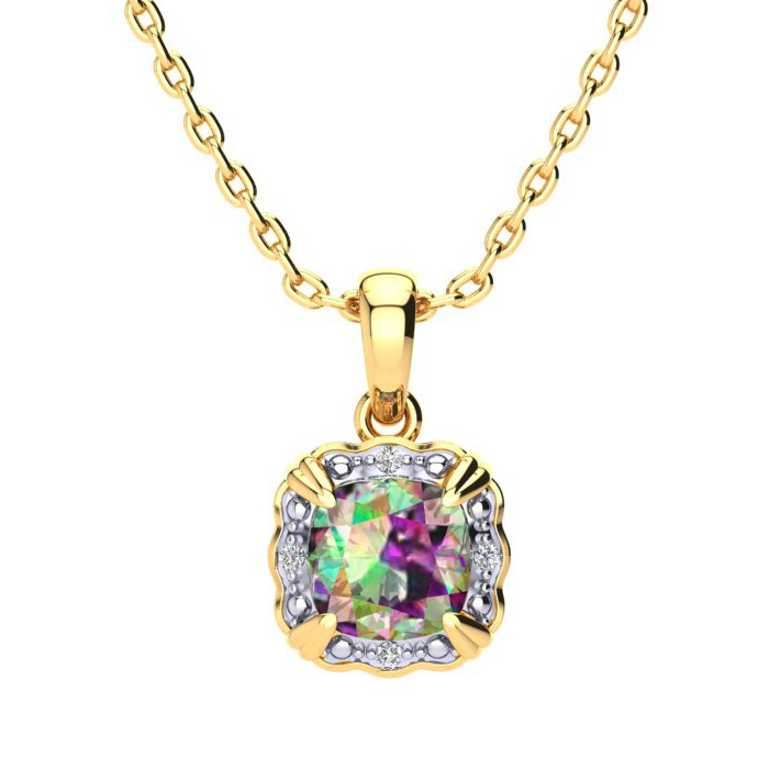 2.5 Carat Cushion Cut Mystic Topaz & Diamond Necklace in Yellow Gold (2.50 g), , 18 Inch Chain by SuperJeweler