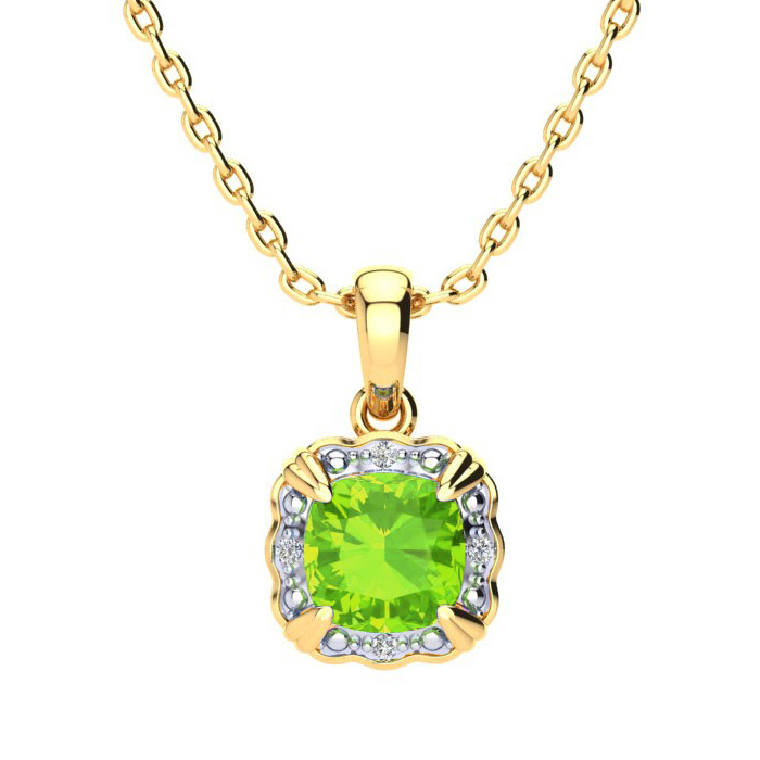 2.5 Carat Cushion Cut Peridot & Diamond Necklace in Yellow Gold (2.5 g), , 18 Inch Chain by SuperJeweler