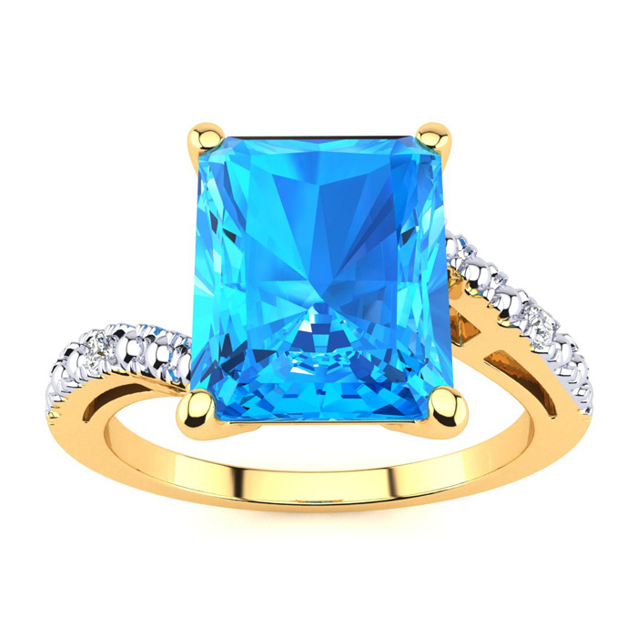 4 Carat Octagon Blue Topaz & 2 Diamond Ring in Yellow Gold (3 g), , Size 10 by SuperJeweler