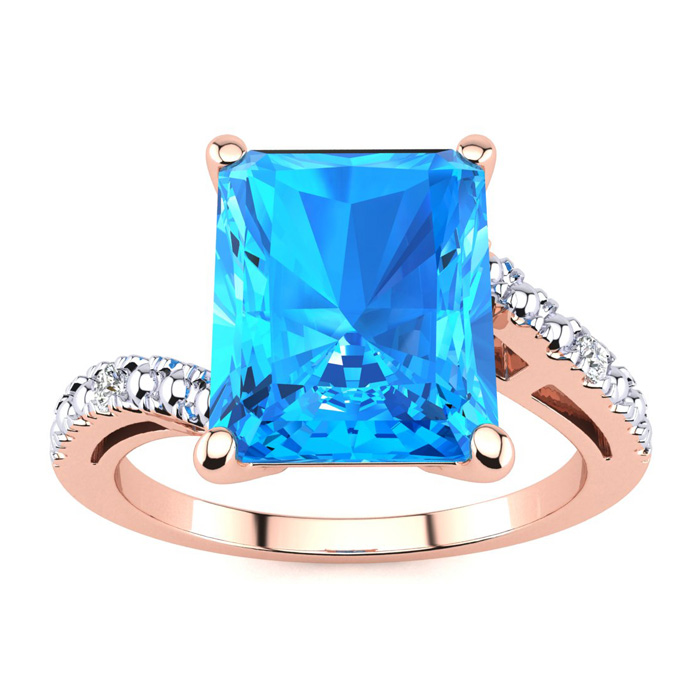 4 Carat Octagon Blue Topaz & 2 Diamond Ring in Rose Gold (3 g), , Size 10 by SuperJeweler