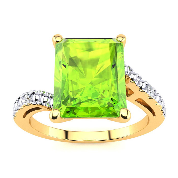 4 Carat Octagon Peridot & 2 Diamond Ring in Yellow Gold (3 g), , Size 10 by SuperJeweler