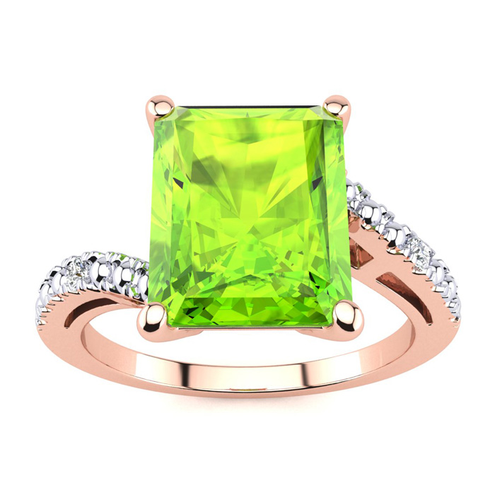 4 Carat Octagon Peridot & 2 Diamond Ring in Rose Gold (3 g), , Size 10 by SuperJeweler