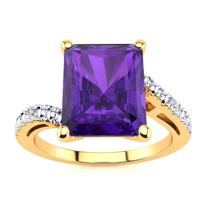 4 Carat Octagon Amethyst & 2 Diamond Ring in Yellow Gold (3 g), , Size 10 by SuperJeweler