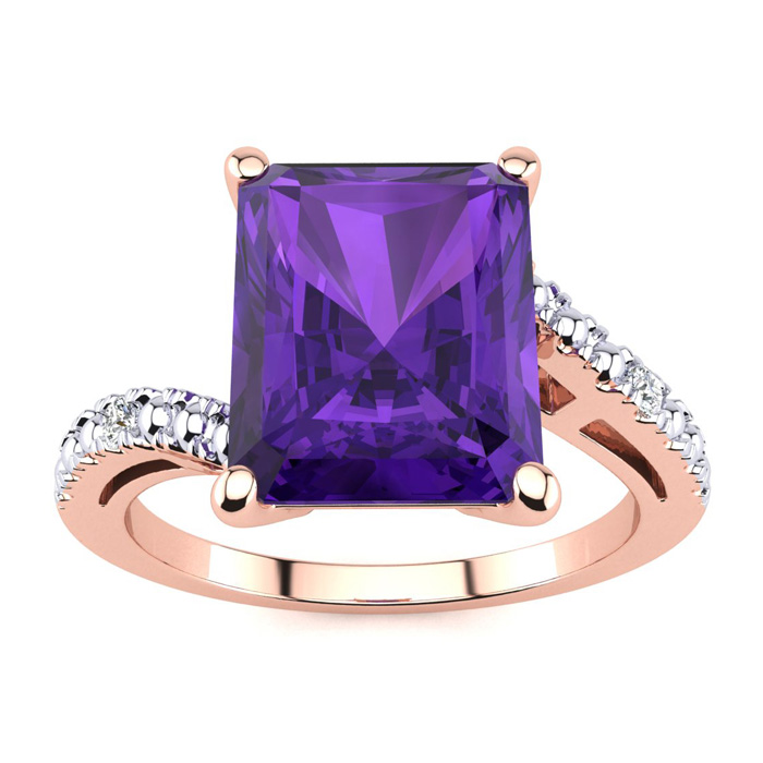 4 Carat Octagon Amethyst & 2 Diamond Ring in Rose Gold (3 g), , Size 10 by SuperJeweler