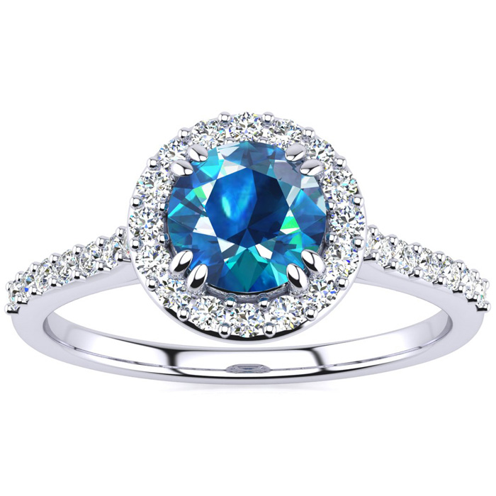 1.25 Carat Perfect Halo Blue Diamond Engagement Ring in 14K White Gold (3.7 g) (, SI2-I1), Size 4 by SuperJeweler