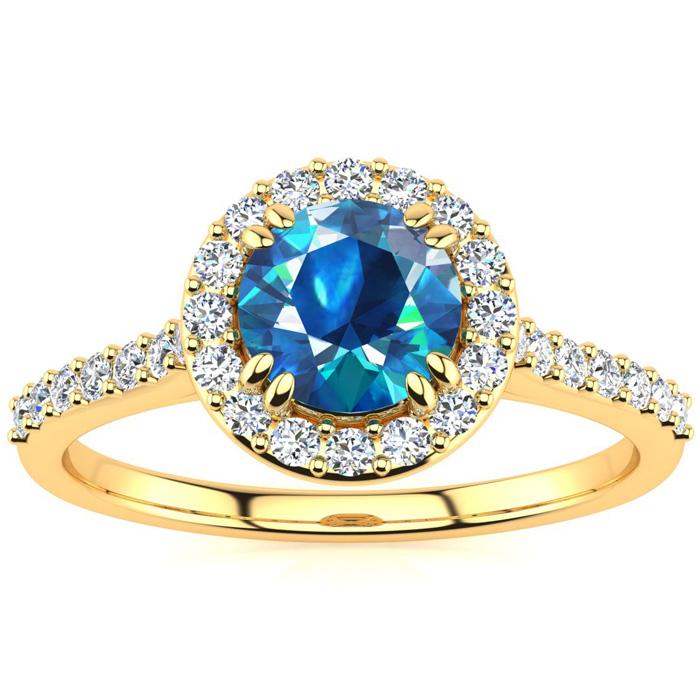 1.25 Carat Perfect Halo Blue Diamond Engagement Ring in 14K Yellow Gold (3.7 g) (, SI2-I1), Size 4 by SuperJeweler