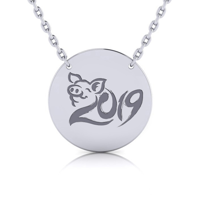 14K White Gold (5.3 g) Over Sterling Silver Disc Necklace w/ Free Chinese New Year 2019 Image & Custom Engraving, 18 Inches by SuperJeweler