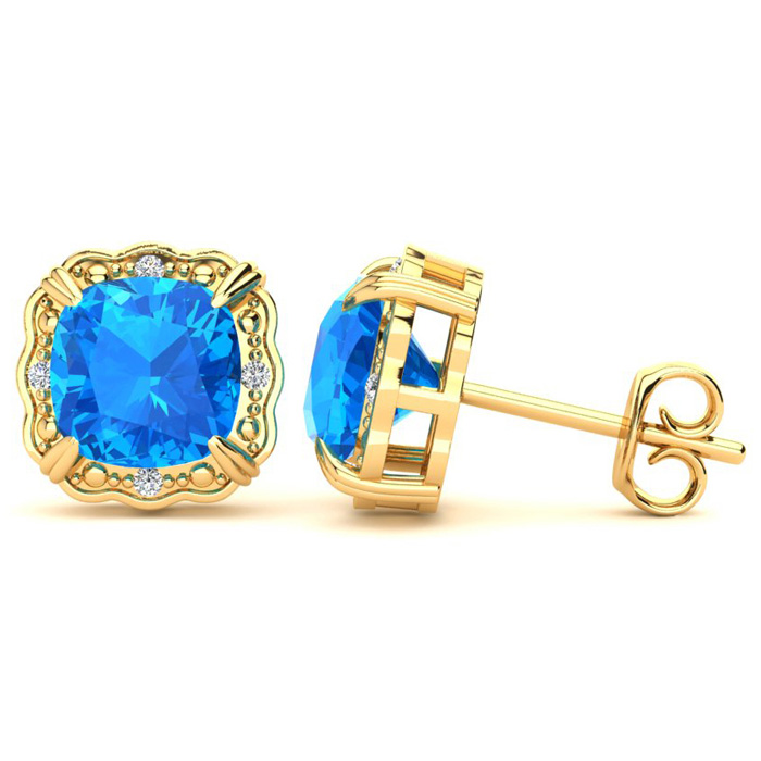 2 Carat Cushion Cut Blue Topaz & Diamond Earrings in Yellow Gold (2.20 g),  by SuperJeweler