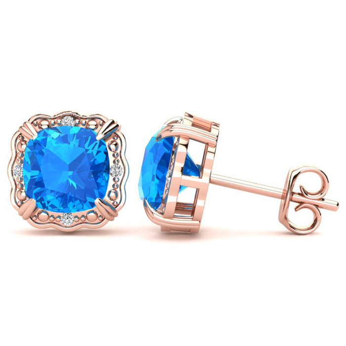 2 Carat Cushion Cut Blue Topaz & Diamond Earrings In 10k Rose Gold (2.20 G), I/J By SuperJeweler