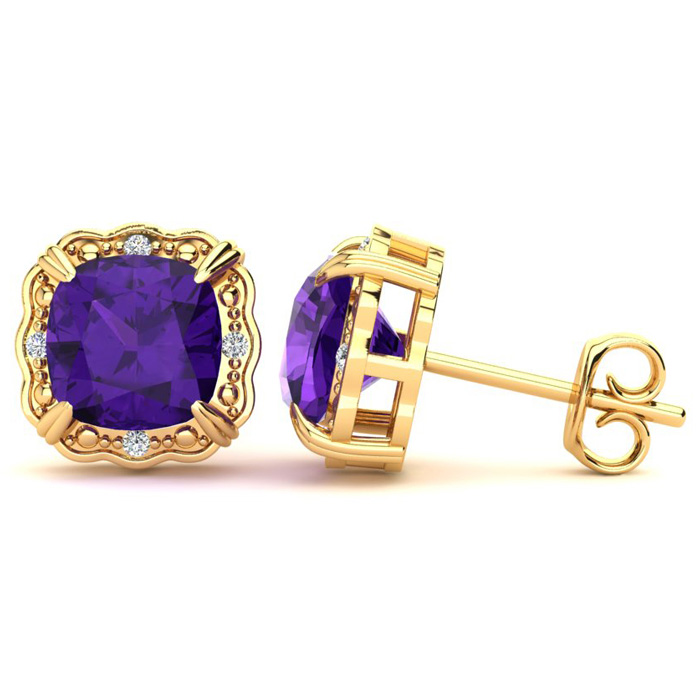 2 Carat Cushion Cut Amethyst & Diamond Earrings in Yellow Gold (2.20 g),  by SuperJeweler