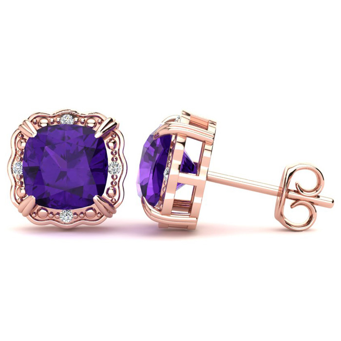 2 Carat Cushion Cut Amethyst & Diamond Earrings in Rose Gold (2.20 g),  by SuperJeweler