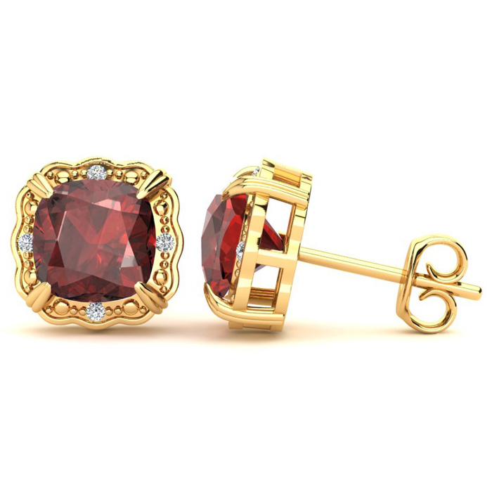 2 Carat Cushion Cut Garnet & Diamond Earrings in Yellow Gold (2.20 g),  by SuperJeweler