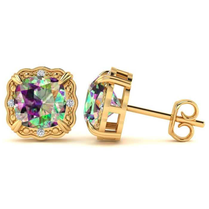 2 Carat Cushion Cut Mystic Topaz & Diamond Earrings in Yellow Gold (2.20 g),  by SuperJeweler