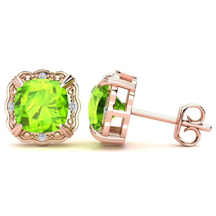 2 Carat Cushion Cut Peridot & Diamond Earrings in Rose Gold (2.20 g),  by SuperJeweler