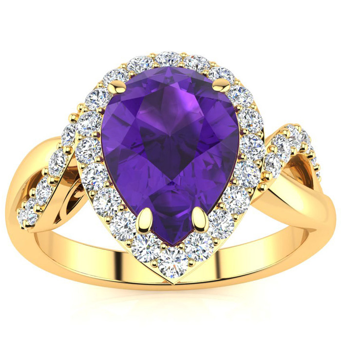 2.5 Carat Pear Shape Amethyst & 32 Diamond Ring in 14K Yellow Gold (4 g), , Size 4 by SuperJeweler