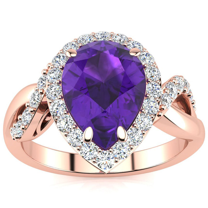 2.5 Carat Pear Shape Amethyst & 32 Diamond Ring in 14K Rose Gold (4 g), , Size 4 by SuperJeweler