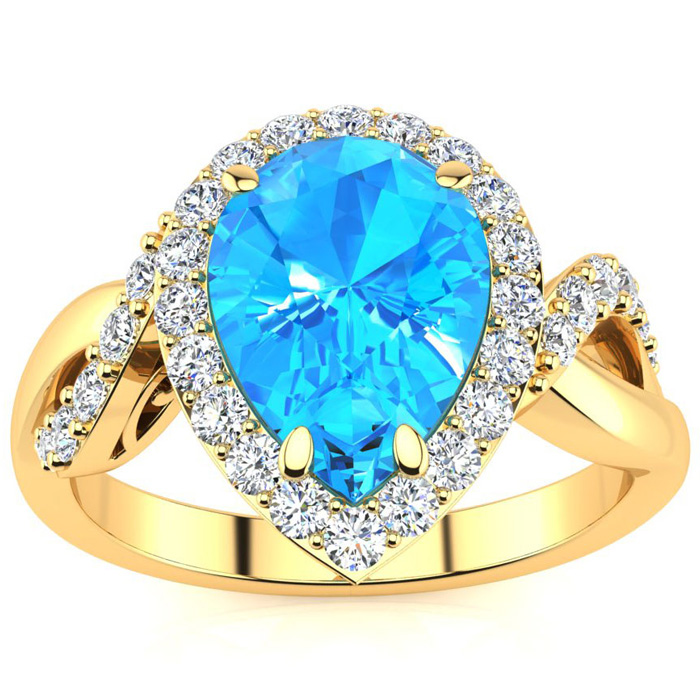 2.5 Carat Pear Shape Blue Topaz & 32 Diamond Ring in 14K Yellow Gold (4 g), , Size 4 by SuperJeweler