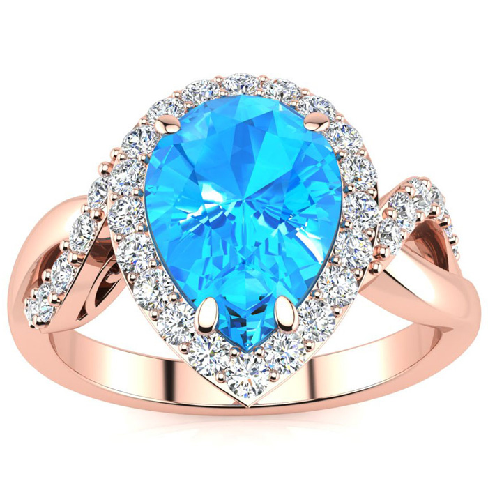 2.5 Carat Pear Shape Blue Topaz & 32 Diamond Ring in 14K Rose Gold (4 g), , Size 4 by SuperJeweler