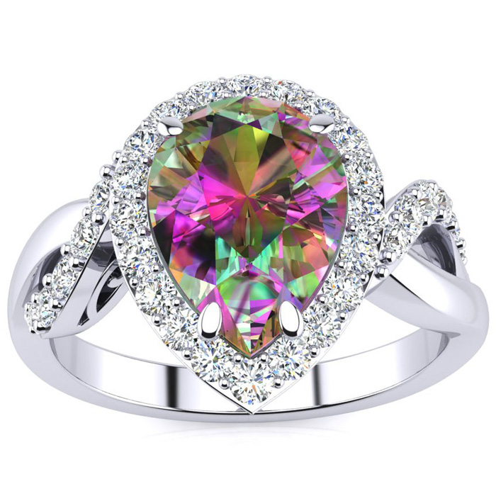 2.5 Carat Pear Shape Mystic Topaz & 32 Diamond Ring in 14K White Gold (4 g), , Size 4 by SuperJeweler