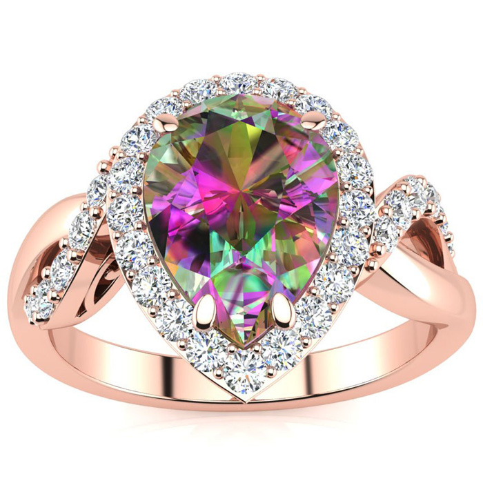 2.5 Carat Pear Shape Mystic Topaz & 32 Diamond Ring in 14K Rose Gold (4 g), , Size 4 by SuperJeweler