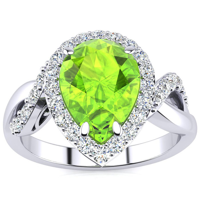 2.5 Carat Pear Shape Peridot & 32 Diamond Ring in 14K White Gold (4 g), , Size 4 by SuperJeweler