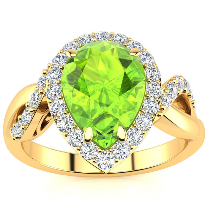 2.5 Carat Pear Shape Peridot & 32 Diamond Ring in 14K Yellow Gold (4 g), , Size 4 by SuperJeweler